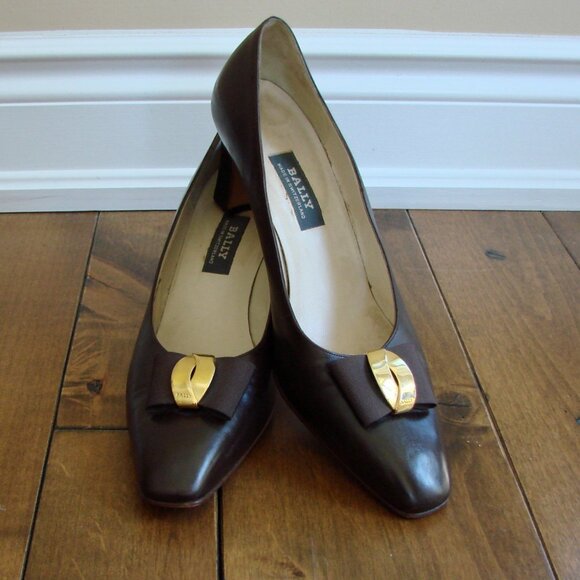 BALLY Brown Leather Pumps Shoes Mid Heel Gold Bow Detail Mosana Office Size 10 M - Picture 1 of 13